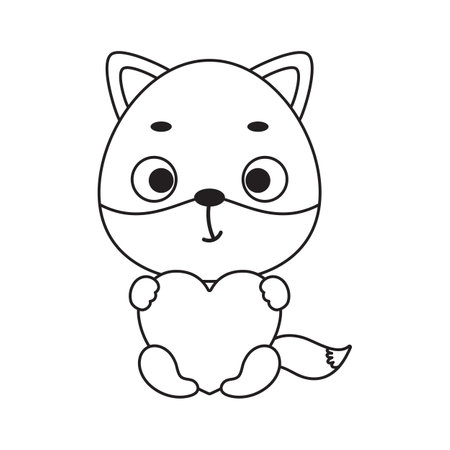 Coloring page cute little fox holds heart. Coloring book for kids. Educational activity for preschool years kids and toddlers with cute animal. Vector stock illustration.のイラスト素材