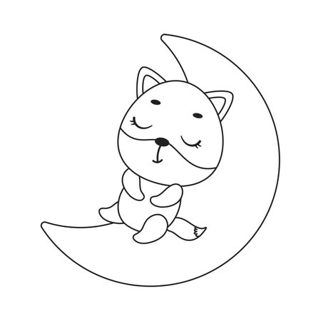 Coloring page cute little fox sleeping on moon. Coloring book for kids. Educational activity for preschool years kids and toddlers with cute animal. Vector stock illustration.のイラスト素材