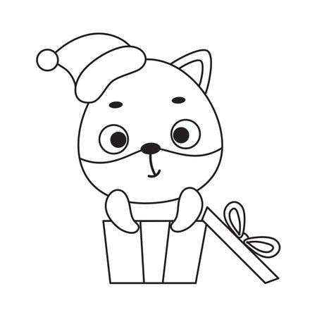 Coloring page cute little fox sitting in gift box. Coloring book for kids. Educational activity for preschool years kids and toddlers with cute animal. Vector stock illustration.のイラスト素材