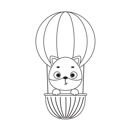 Coloring page cute little fox flying on hot air balloon. Coloring book for kids. Educational activity for preschool years kids and toddlers with cute animal. Vector stock illustration.のイラスト素材