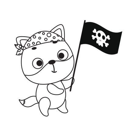 Coloring page cute little fox with pirate flag. Coloring book for kids. Educational activity for preschool years kids and toddlers with cute animal. Vector stock illustration.のイラスト素材
