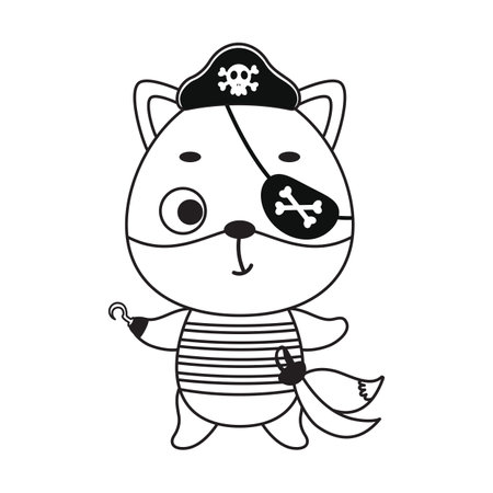 Coloring page cute little pirate fox with hook and blindfold. Coloring book for kids. Educational activity for preschool years kids and toddlers with cute animal. Vector stock illustration.のイラスト素材