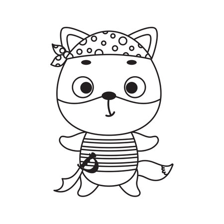 Coloring page cute little pirate fox. Coloring book for kids. Educational activity for preschool years kids and toddlers with cute animal. Vector stock illustration.のイラスト素材