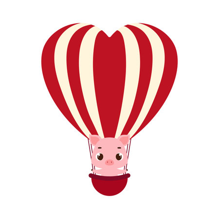 Cute little pig fly on heart hot air balloon. Cartoon animal character for kids cards, baby shower, invitation, poster, t-shirt composition, house interior. Vector stock illustration.のイラスト素材