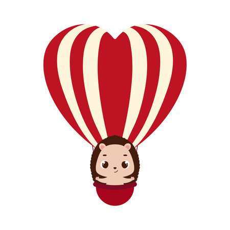 Cute little hedgehog fly on heart hot air balloon. Cartoon animal character for kids cards, baby shower, invitation, poster, t-shirt composition, house interior. Vector stock illustration.のイラスト素材