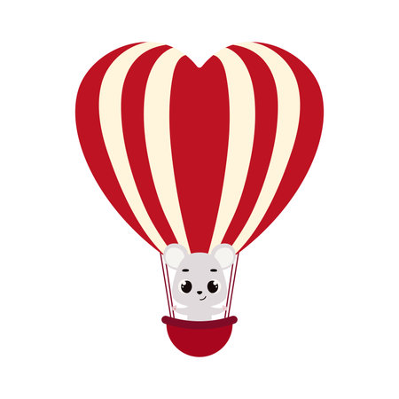 Cute little mouse fly on heart hot air balloon. Cartoon animal character for kids cards, baby shower, invitation, poster, t-shirt composition, house interior. Vector stock illustration.のイラスト素材