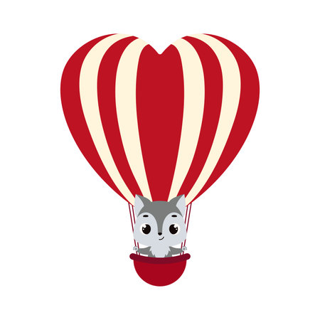 Cute little wolf fly on heart hot air balloon. Cartoon animal character for kids cards, baby shower, invitation, poster, t-shirt composition, house interior. Vector stock illustration.のイラスト素材