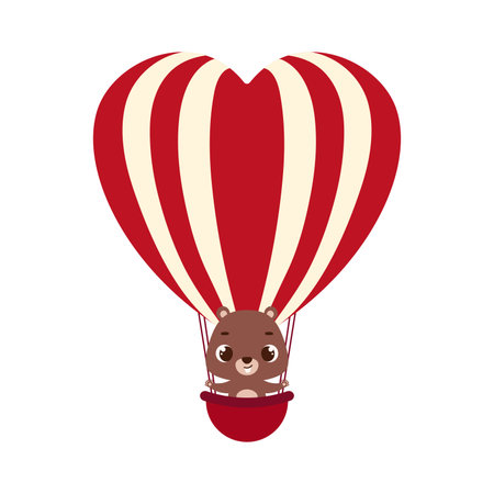 Cute little beaver fly on heart hot air balloon. Cartoon animal character for kids cards, baby shower, invitation, poster, t-shirt composition, house interior. Vector stock illustration.のイラスト素材