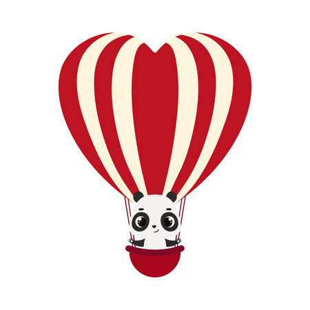Cute little panda fly on heart hot air balloon. Cartoon animal character for kids cards, baby shower, invitation, poster, t-shirt composition, house interior. Vector stock illustration.のイラスト素材