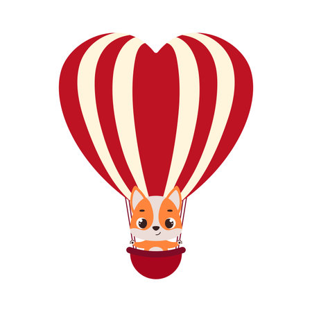 Cute little dog fly on heart hot air balloon. Cartoon animal character for kids cards, baby shower, invitation, poster, t-shirt composition, house interior. Vector stock illustration.のイラスト素材