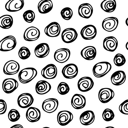 Hand drawn ink doodle simple pattern. round elements. monochrome colors. Expressive seamless abstract background in black and white. trendy brush marks. vector illustration.のイラスト素材