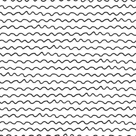 Hand drawn ink doodle simple wave pattern. monochrome colors. Expressive seamless abstract background in black and white. trendy brush marks. vector illustration.のイラスト素材