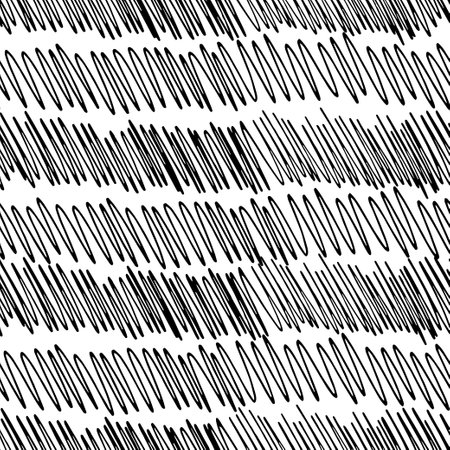 Hand drawn ink doodle simple wave pattern. monochrome colors. Expressive seamless abstract background in black and white. trendy brush marks. vector illustration.のイラスト素材