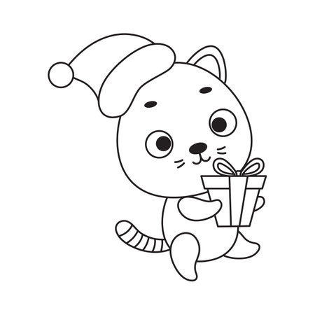 Coloring page cute little cat carries gift box. Coloring book for kids. Educational activity for preschool years kids and toddlers with cute animal. Vector stock illustration.のイラスト素材