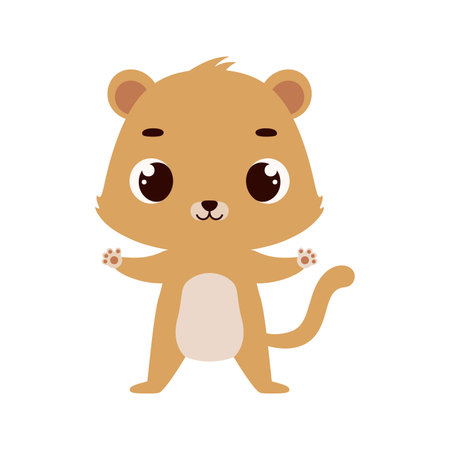 Cute little lion on white background. Cartoon animal character for kids cards, baby shower, invitation, poster, t-shirt composition, house interior. Vector stock illustrationのイラスト素材
