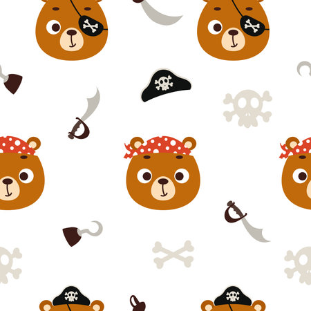 Cute little pirate bear face seamless childish pattern. Funny cartoon animal character for fabric, wrapping, textile, wallpaper, apparel. Vector illustrationのイラスト素材