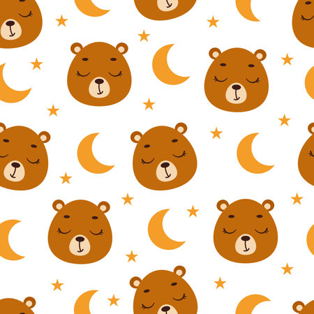Cute little slipping bear head seamless childish pattern. Funny cartoon animal character for fabric, wrapping, textile, wallpaper, apparel. Vector illustrationのイラスト素材