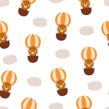 Cute little bear flying on hot air balloon seamless childish pattern. Funny cartoon animal character for fabric, wrapping, textile, wallpaper, apparel. Vector illustrationのイラスト素材