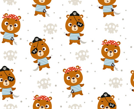 Cute little pirate bear seamless childish pattern. Funny cartoon animal character for fabric, wrapping, textile, wallpaper, apparel. Vector illustrationのイラスト素材