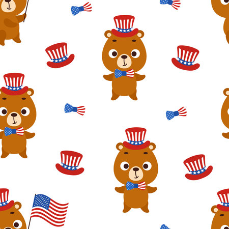 Cute little bear in USA patriotic hat seamless childish pattern. Funny cartoon animal character for fabric, wrapping, textile, wallpaper, apparel. Vector illustrationのイラスト素材