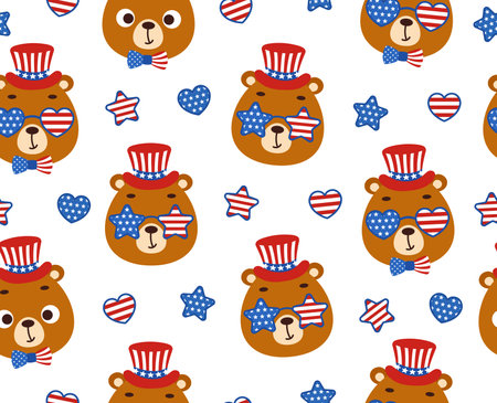 Cute little bear head in USA patriotic hat seamless childish pattern. Funny cartoon animal character for fabric, wrapping, textile, wallpaper, apparel. Vector illustrationのイラスト素材