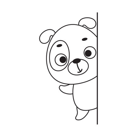 Coloring page cute little dog peeking around corner. Coloring book for kids. Educational activity for preschool years kids and toddlers with cute animal. Vector stock illustration.のイラスト素材