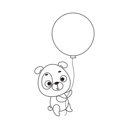 Coloring page cute little dog flies on balloon. Coloring book for kids. Educational activity for preschool years kids and toddlers with cute animal. Vector stock illustration.のイラスト素材