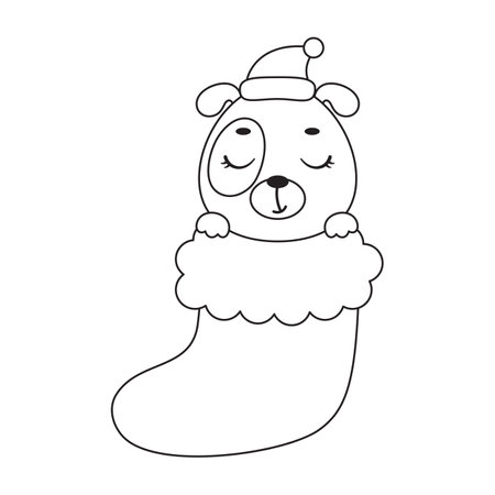 Coloring page cute little dog in Christmas sock. Coloring book for kids. Educational activity for preschool years kids and toddlers with cute animal. Vector stock illustration.のイラスト素材