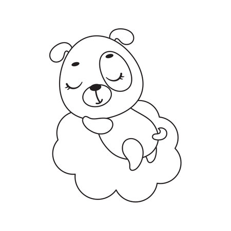 Coloring page cute little dog sleeping on cloud. Coloring book for kids. Educational activity for preschool years kids and toddlers with cute animal. Vector stock illustration.のイラスト素材