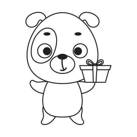 Coloring page cute little dog with gift box. Coloring book for kids. Educational activity for preschool years kids and toddlers with cute animal. Vector stock illustration.のイラスト素材