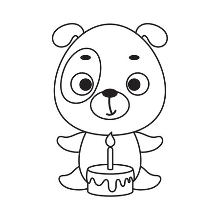 Coloring page cute little dog with birthday cake. Coloring book for kids. Educational activity for preschool years kids and toddlers with cute animal. Vector stock illustration.のイラスト素材