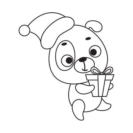 Coloring page cute little dog carries gift box. Coloring book for kids. Educational activity for preschool years kids and toddlers with cute animal. Vector stock illustration.のイラスト素材