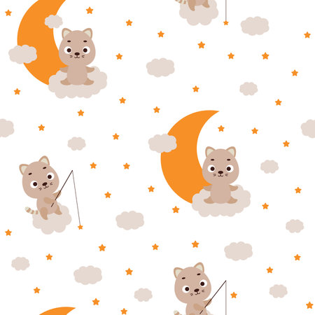 Cute little cat sitting on cloud and fishing star seamless childish pattern. Funny cartoon animal character for fabric, wrapping, textile, wallpaper, apparel. vector illustration.のイラスト素材