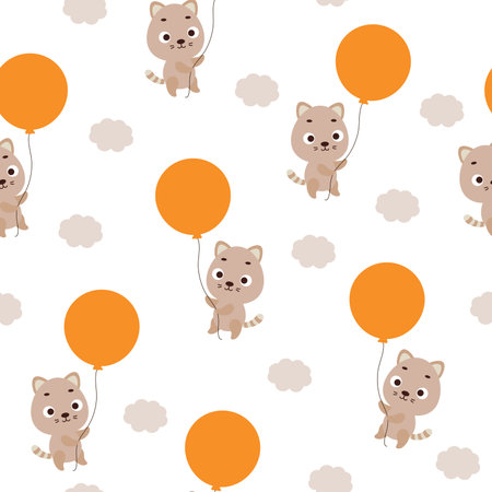 Cute little cat flying on balloon seamless childish pattern. Funny cartoon animal character for fabric, wrapping, textile, wallpaper, apparel. vector illustration.のイラスト素材