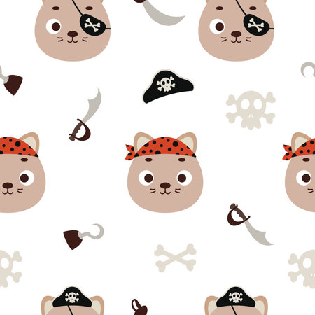Cute little pirate cat head seamless childish pattern. Funny cartoon animal character for fabric, wrapping, textile, wallpaper, apparel. vector illustration.のイラスト素材