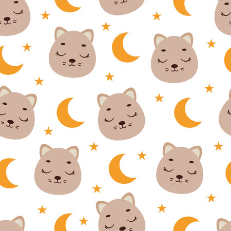 Cute little slipping cat head seamless childish pattern. Funny cartoon animal character for fabric, wrapping, textile, wallpaper, apparel. vector illustration.のイラスト素材