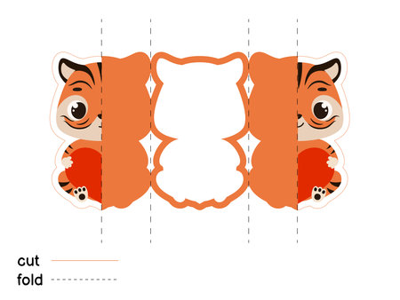 Cute tiger hold heart. Fold long greeting card template. Great for St. Valentine day, birthdays, baby showers. Printable color scheme. Print, cut out, fold. Vector stock illustration.のイラスト素材