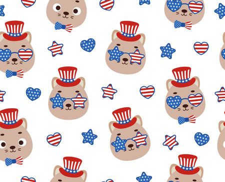 Cute little cat head in USA patriotic hat seamless childish pattern. Funny cartoon animal character for fabric, wrapping, textile, wallpaper, apparel. vector illustration.のイラスト素材