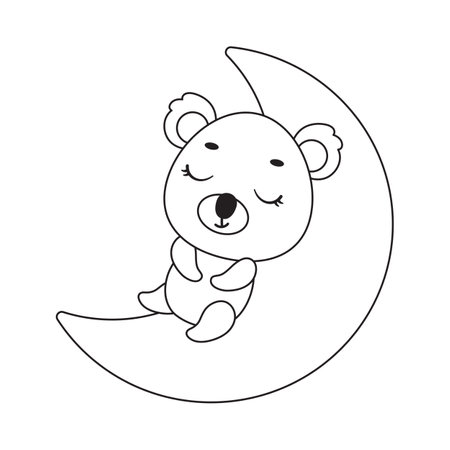 Coloring page cute little koala sleeping on moon. Coloring book for kids. Educational activity for preschool years kids and toddlers with cute animal. Vector stock illustration.のイラスト素材