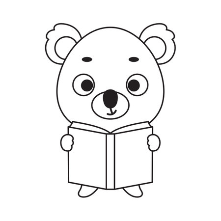 Coloring page cute little koala reads book. Coloring book for kids. Educational activity for preschool years kids and toddlers with cute animal. Vector stock illustration.のイラスト素材