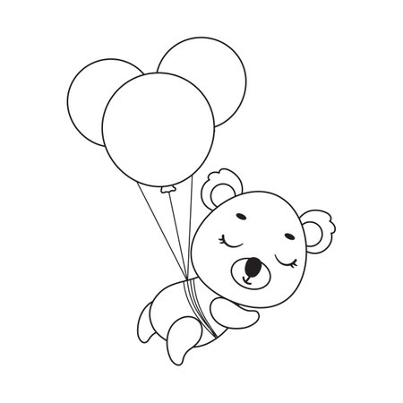 Coloring page cute little koala flying on balloons. Coloring book for kids. Educational activity for preschool years kids and toddlers with cute animal. Vector stock illustration.のイラスト素材