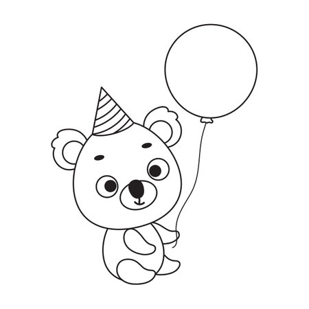 Coloring page cute little koala in birthday hat hold balloon. Coloring book for kids. Educational activity for preschool years kids and toddlers with cute animal. Vector stock illustration.のイラスト素材