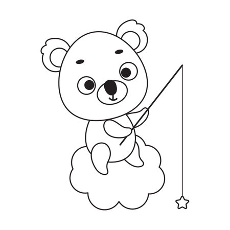 Coloring page cute little koala fishing star on cloud. Coloring book for kids. Educational activity for preschool years kids and toddlers with cute animal. Vector stock illustration.のイラスト素材