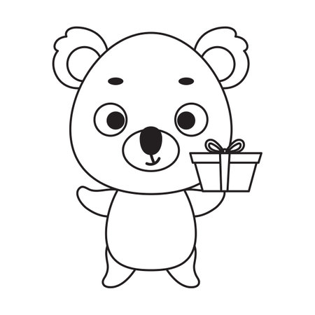 Coloring page cute little koala with gift box. Coloring book for kids. Educational activity for preschool years kids and toddlers with cute animal. Vector stock illustration.のイラスト素材