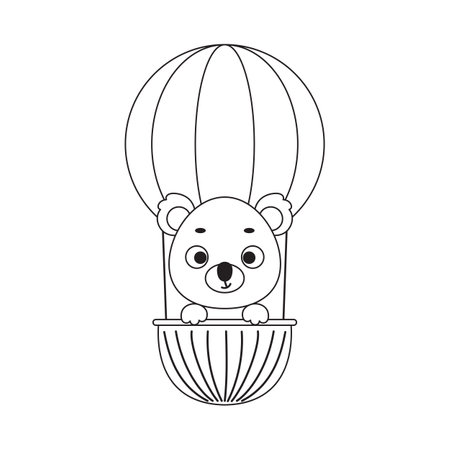 Coloring page cute little koala flying on hot air balloon. Coloring book for kids. Educational activity for preschool years kids and toddlers with cute animal. Vector stock illustration.のイラスト素材