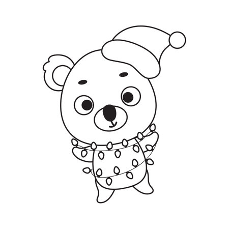 Coloring page cute Christmas koala with garland. Coloring book for kids. Educational activity for preschool years kids and toddlers with cute animal. Vector stock illustration.のイラスト素材