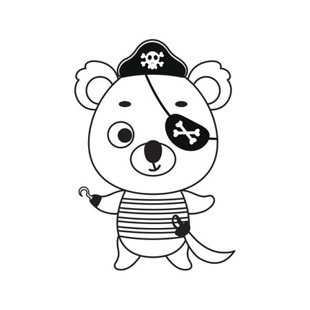 Coloring page cute little pirate koala with hook and blindfold. Coloring book for kids. Educational activity for preschool years kids and toddlers with cute animal. Vector stock illustration.のイラスト素材