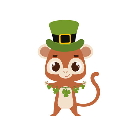 Cute monkey in green leprechaun hat with clover. Irish holiday folklore theme. Cartoon design for cards, decor, shirt, invitation. Vector stock illustration.のイラスト素材