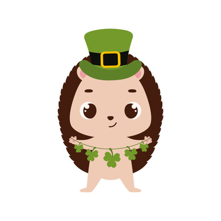 Cute hedgehog in green leprechaun hat with clover. Irish holiday folklore theme. Cartoon design for cards, decor, shirt, invitation. Vector stock illustration.のイラスト素材
