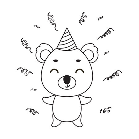 Coloring page cute little koala in birthday hat. Coloring book for kids. Educational activity for preschool years kids and toddlers with cute animal. Vector stock illustration.のイラスト素材